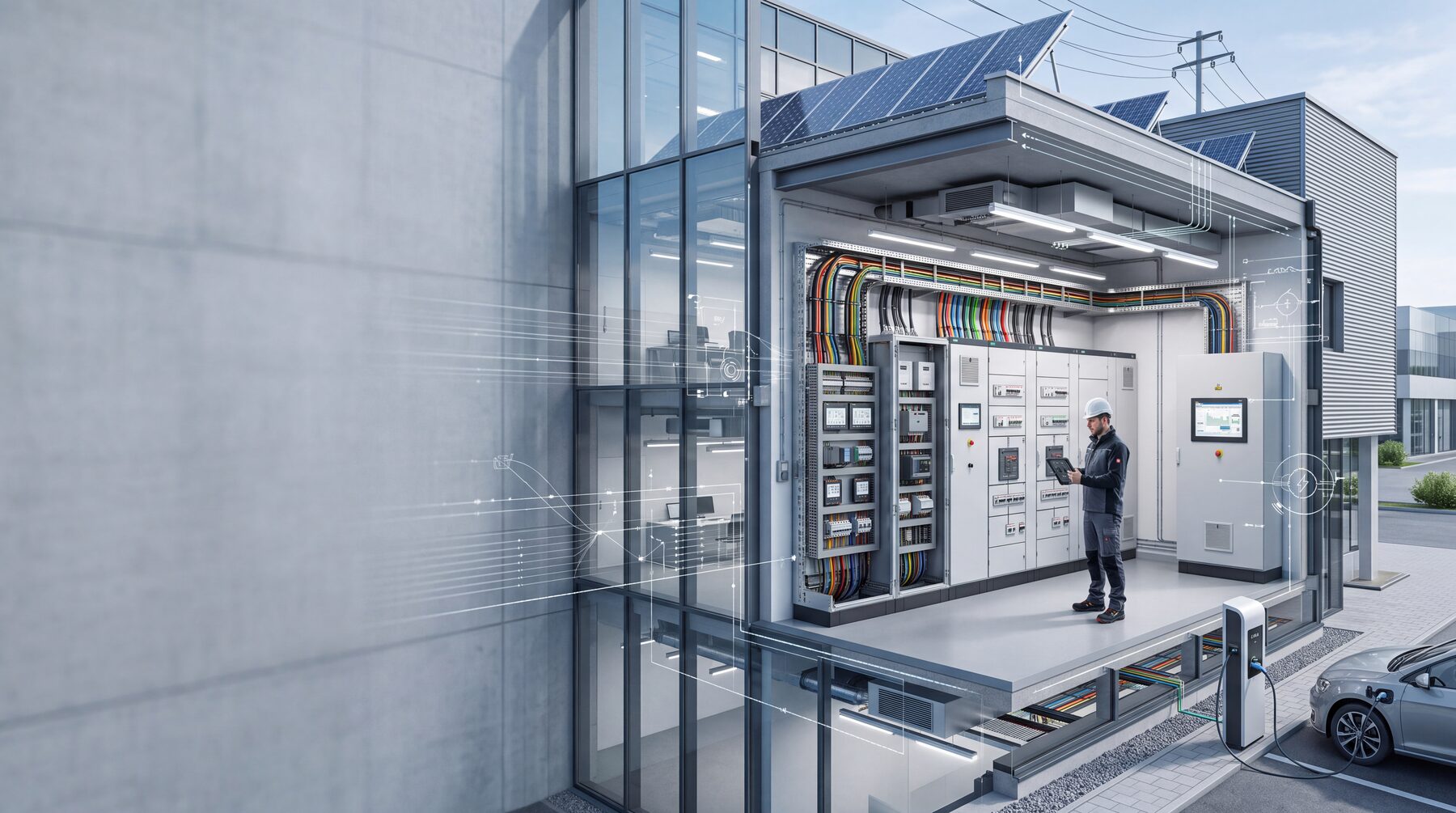 Aufgeschnittener Technikraum mit Schaltschränken, PV-Anlage und E-Ladestation