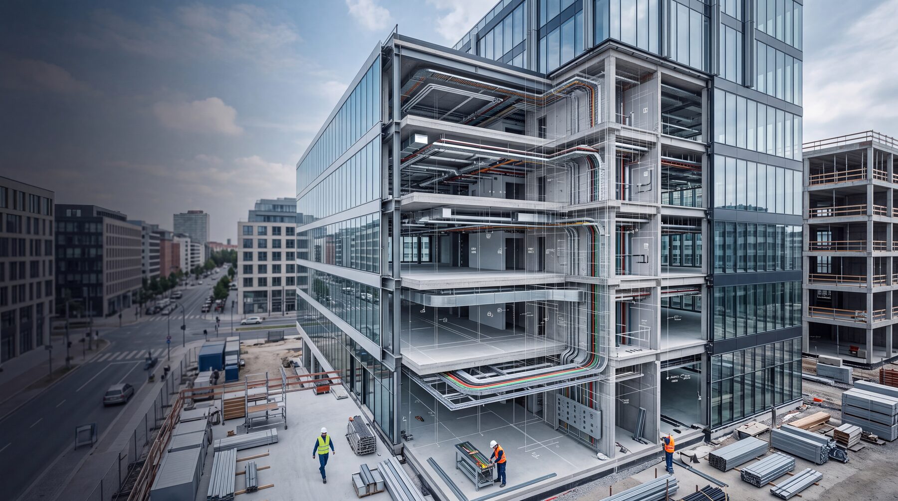 Bürogebäude im Bau mit sichtbarer Elektrotechnik über alle Geschosse