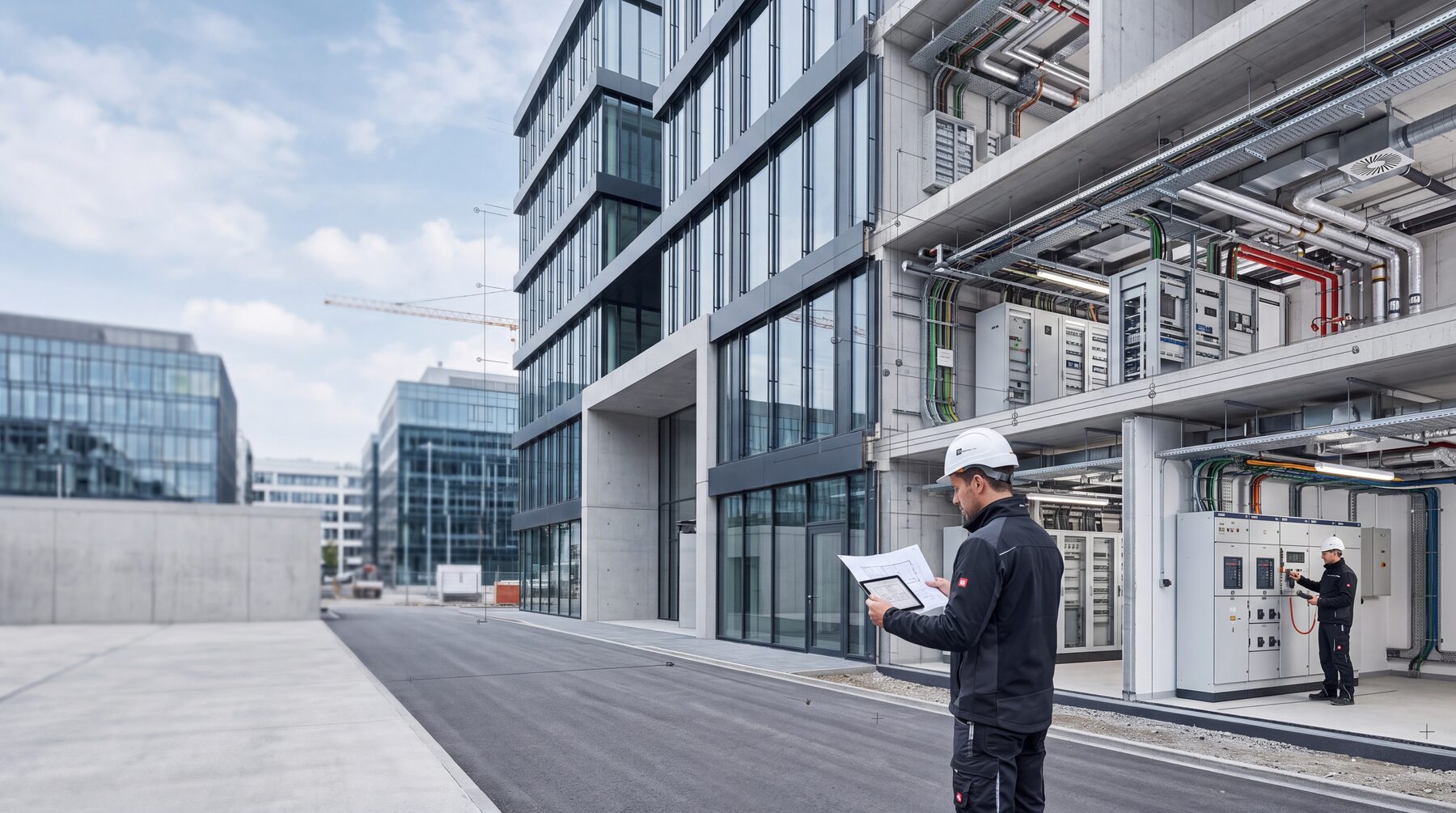 Bauleiter mit Plan und Tablet vor einem Bürogebäude mit sichtbarer Elektroinstallation