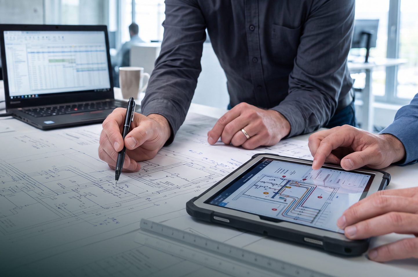 Planungsbesprechung mit Terminplan, Plänen und digitalem Baustellen-Tablet